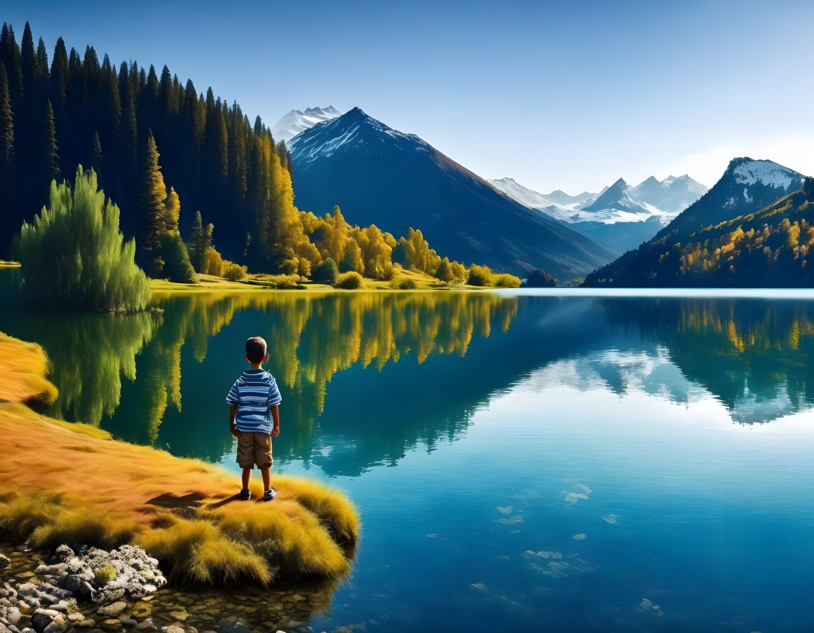 Child by tranquil mountain lake with autumn trees and snow-capped peaks