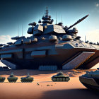 Futuristic tanks on dusty battlefield under dramatic sky