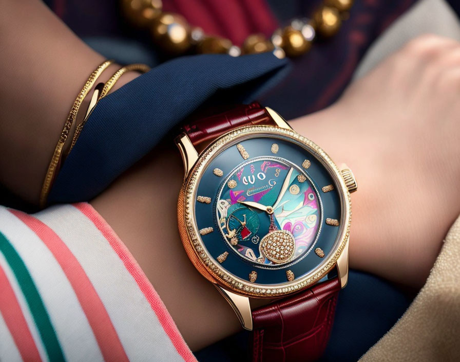 Luxurious Gold Watch with Colorful Jeweled Face and Matching Accessories