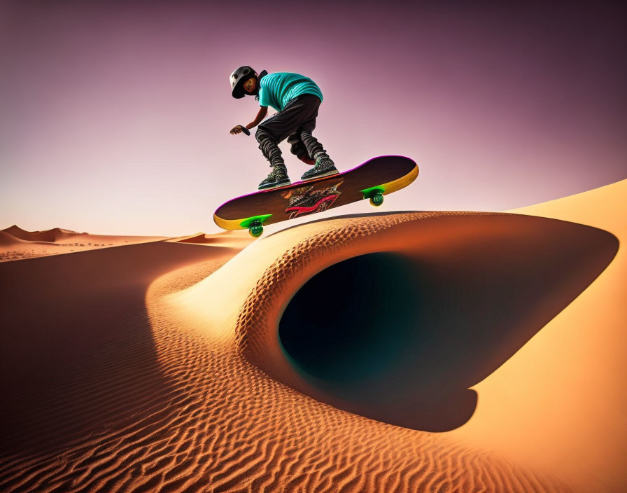 Skateboarder performing trick on desert dune under sun shadows
