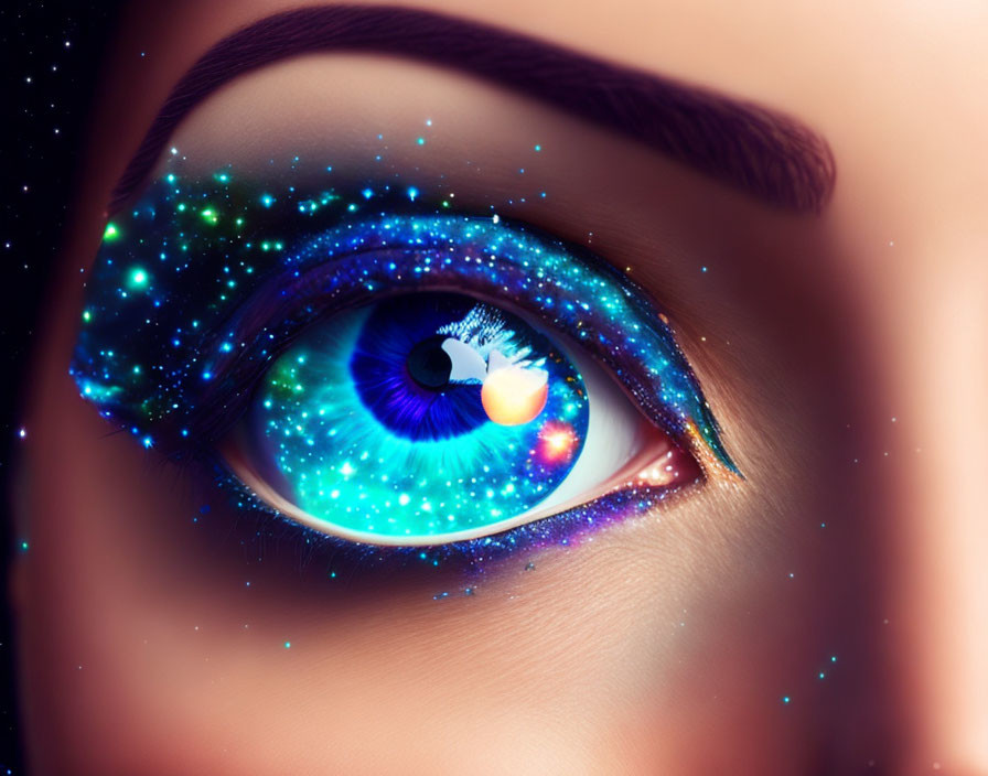 Close-up eye with galaxy pattern and vibrant colors.