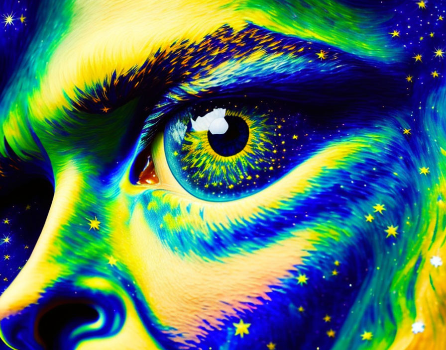 Cosmic-themed digital art: Close-up eye with stars and galaxies
