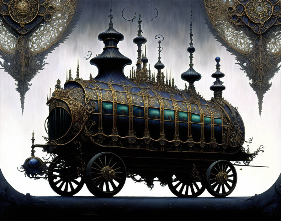 Gothic steampunk-style carriage with intricate metalwork on dark background