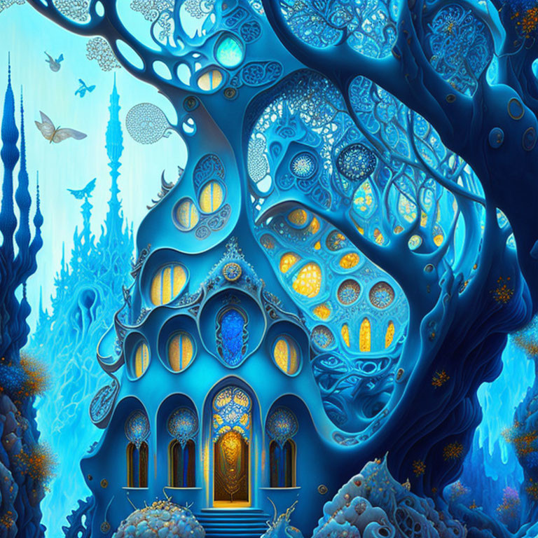 Intricate blue tree morphs into architectural structures amidst mystical backdrop