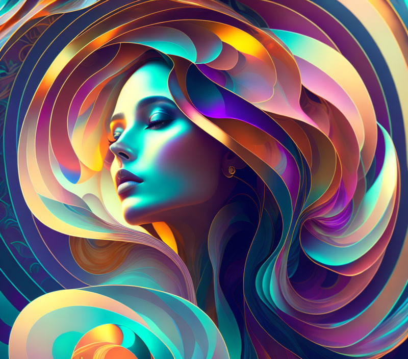 Colorful digital artwork of a woman with flowing hair in glossy finish