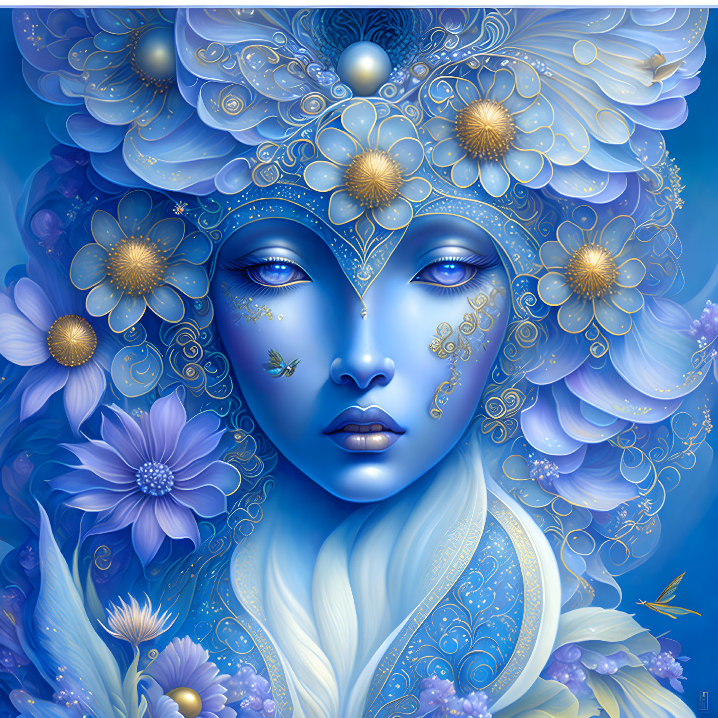 Digital art portrait of female figure with blue skin and golden floral patterns surrounded by stylized blue flowers
