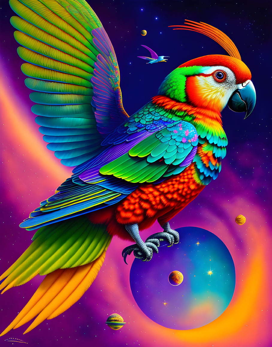 Colorful Parrot Illustration Against Cosmic Background
