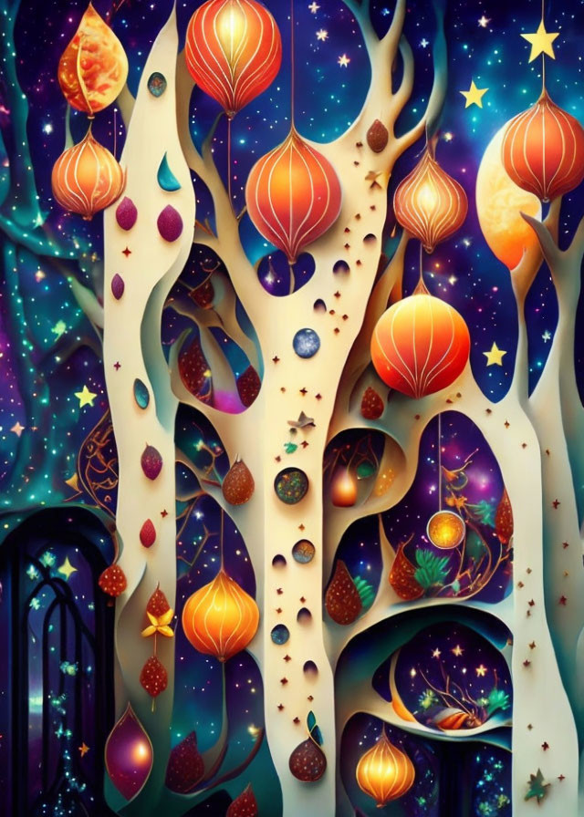 Surreal cosmic tree with lantern-like fruits in starry sky