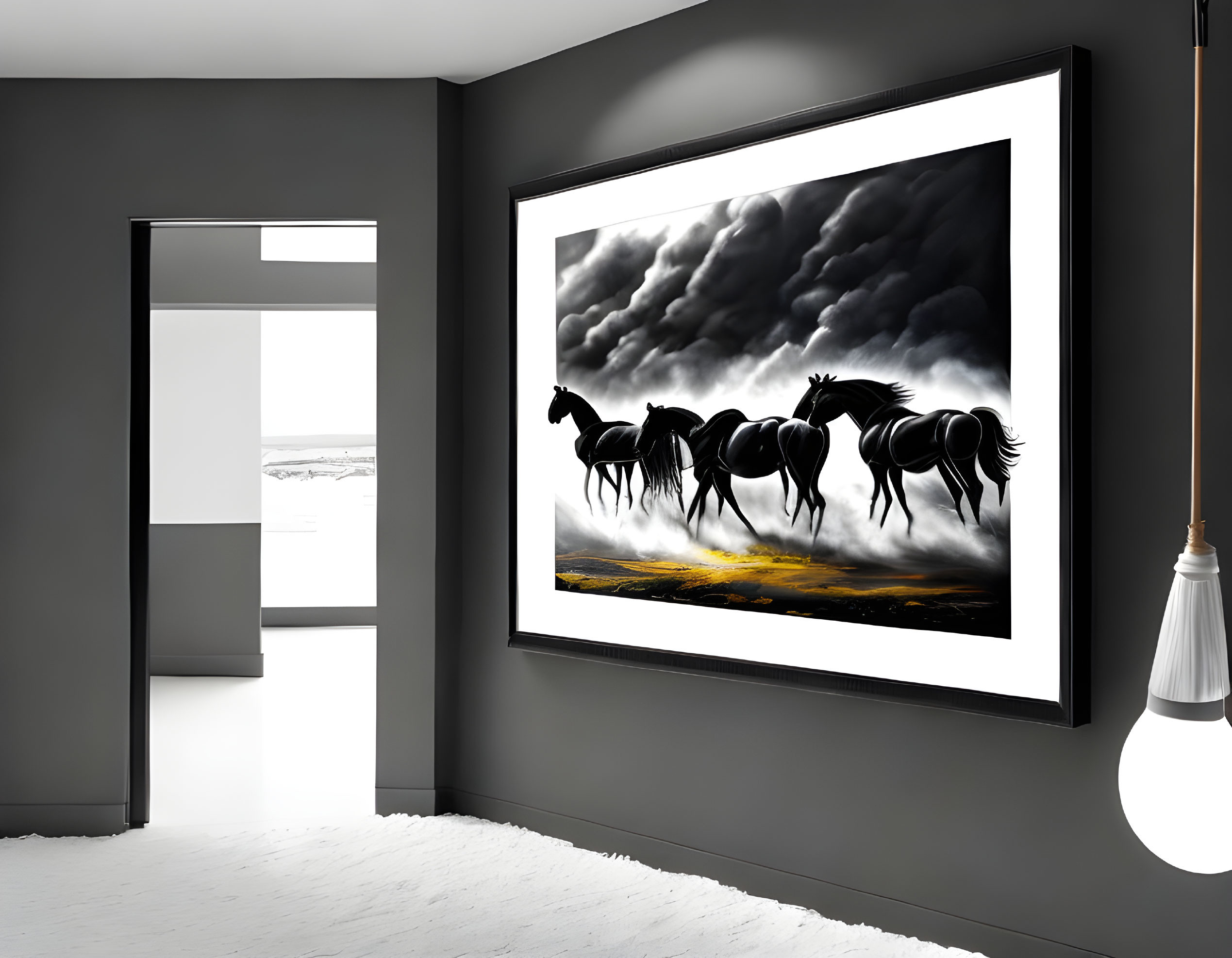 Gray-walled modern room with framed monochrome horse image, hanging lightbulb, and view of