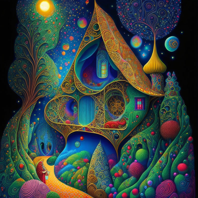 Colorful Artwork of Whimsical Treehouse in Mystical Landscape