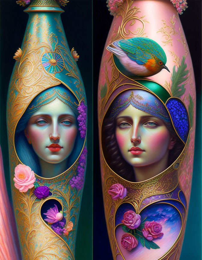 Ornate vases with female faces, floral patterns, and colorful bird - intricate artistry and