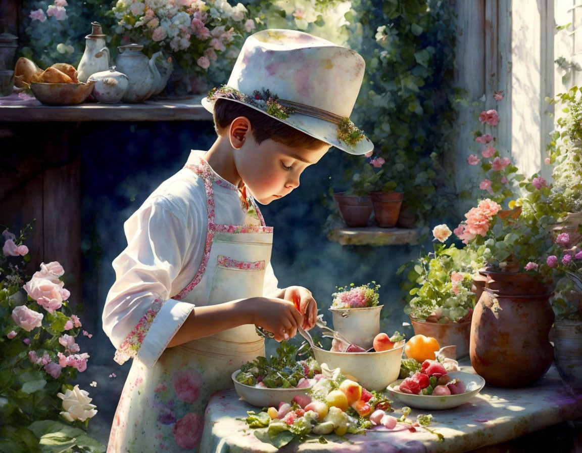Young child in chef's hat and apron cooking in sunny garden setting