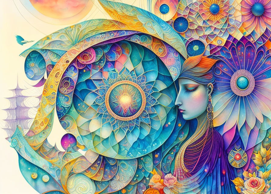 Vibrant psychedelic artwork: Woman's profile with abstract patterns