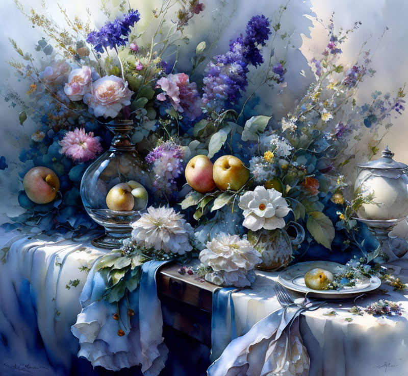 Classic Still Life Painting with Flowers, Apples, and Soft Light