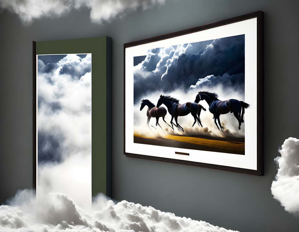 Surreal room with cloud floor and horse mural blending with sky view.