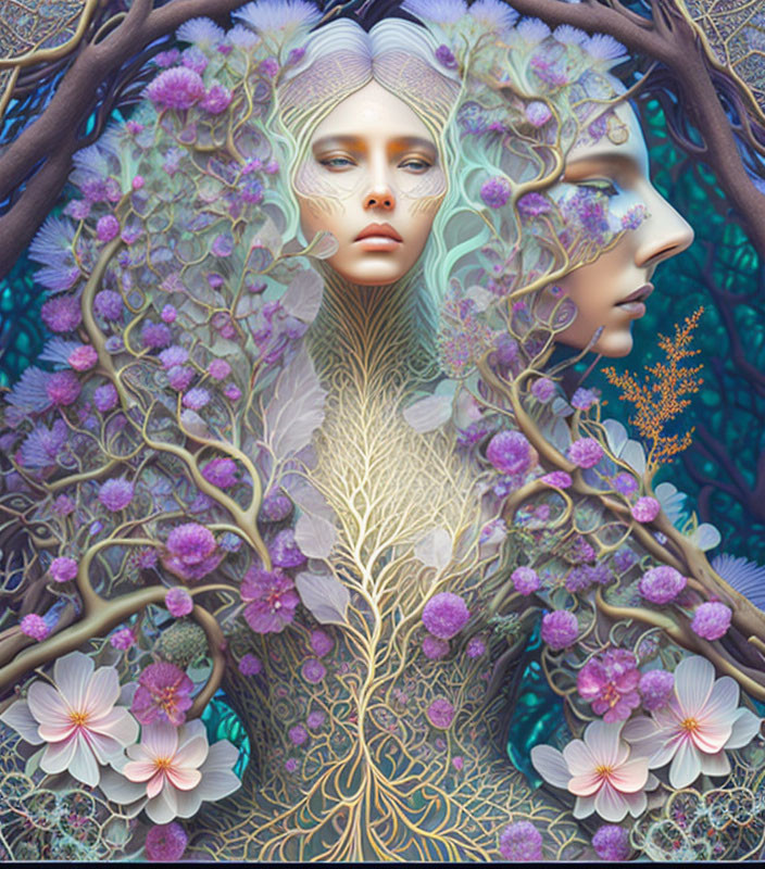 Ethereal faces merge with vibrant, fantastical tree in dreamlike scene