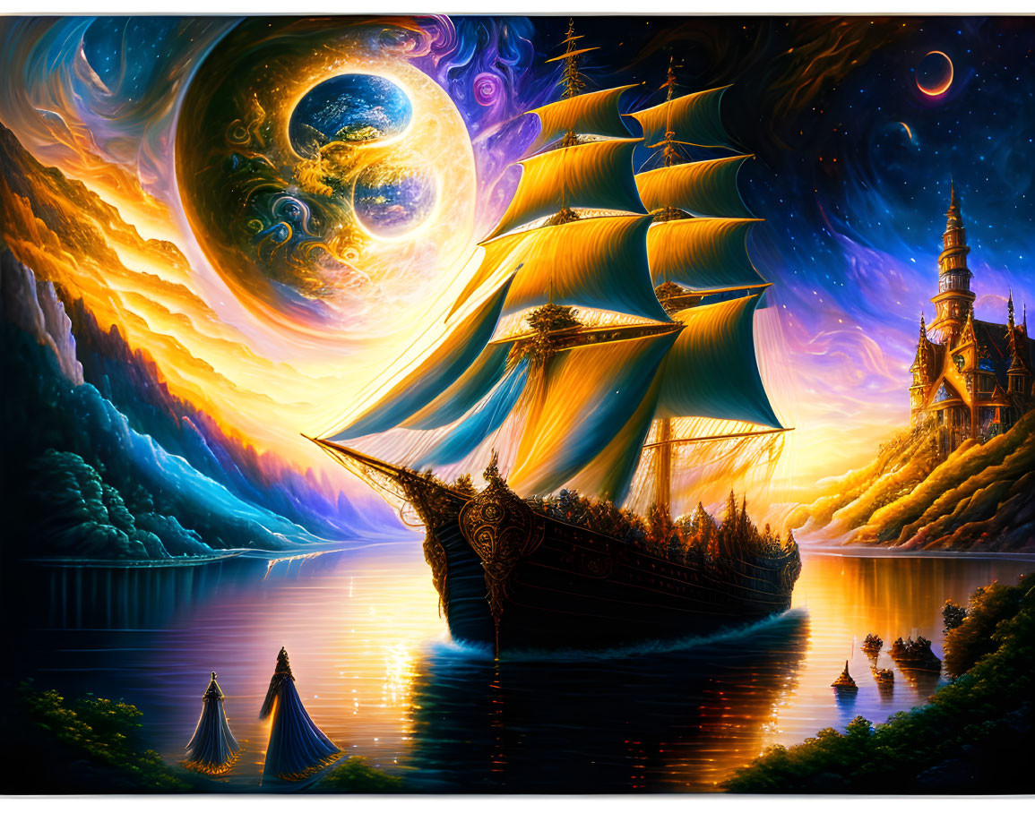 Large sailing ship in fantastical river scene with colorful skies, swirling clouds, celestial bodies, and magical