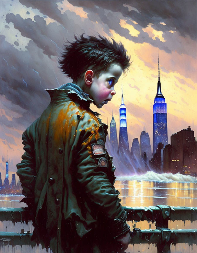 Young boy in green jacket against cityscape at dusk with dramatic sky