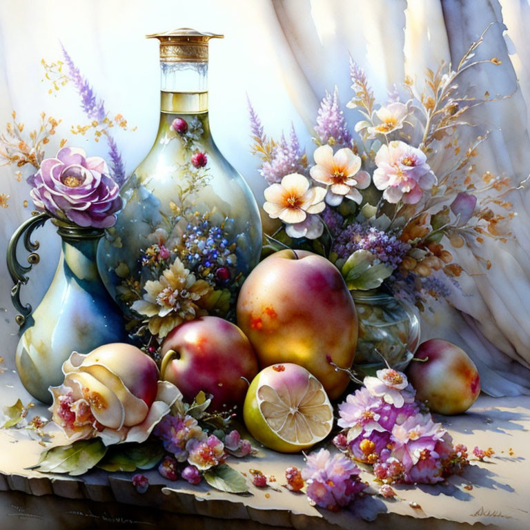 Ripe Fruits, Decorative Vase, Flowers in Soft Light