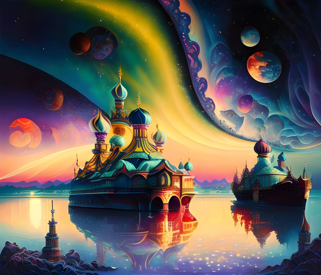 Fantasy landscape with onion-domed structures, starlit sky, auroras.