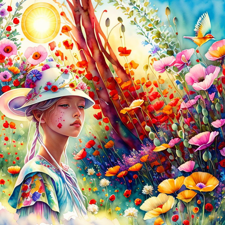 Girl in Hat Surrounded by Vibrant Flowers and Hummingbird on Sunny Day