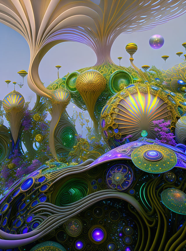 Vibrant fractal landscape with tree-like structures and iridescent orbs