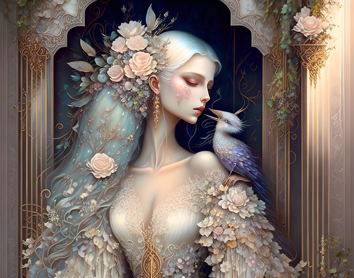 Illustrated fantasy woman with long blue hair and bird on hand against golden filigree backdrop