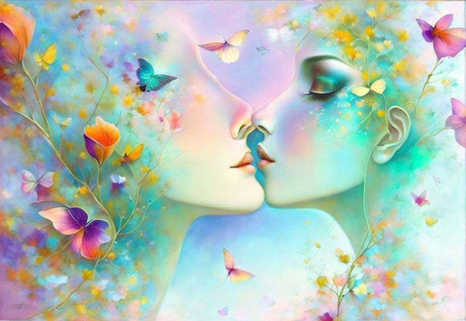 Close-Up Faces Kissing with Flowers and Butterflies
