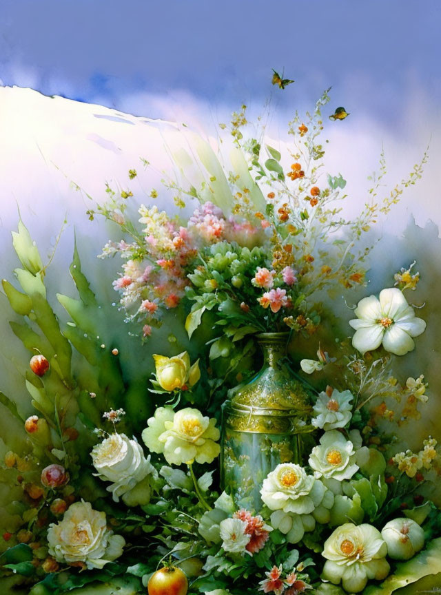 Colorful Flower Painting with Vase, Butterflies, and Sky