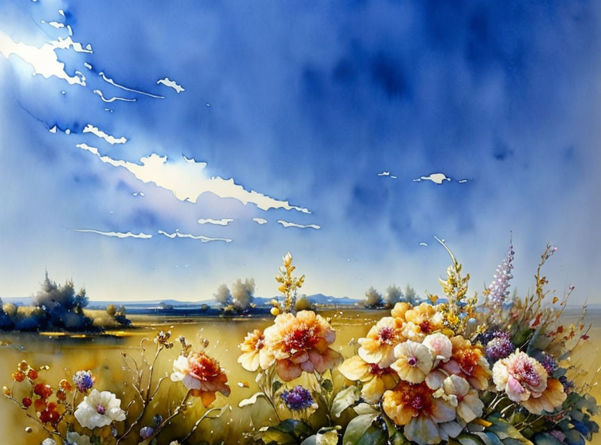 Vibrant field with colorful flowers and blue sky in watercolor.