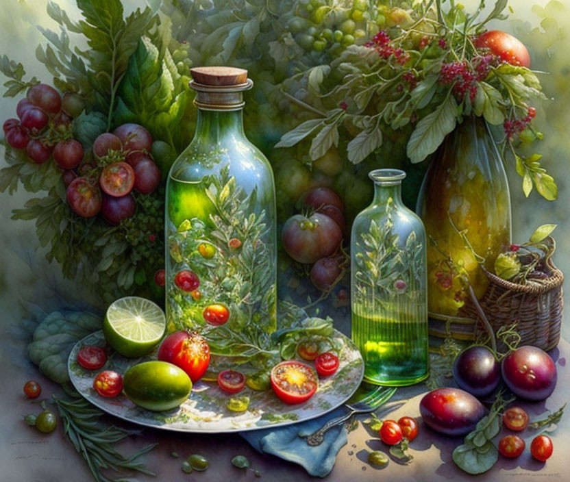 Still life painting of grapes, tomatoes, glass bottles, lime on plate