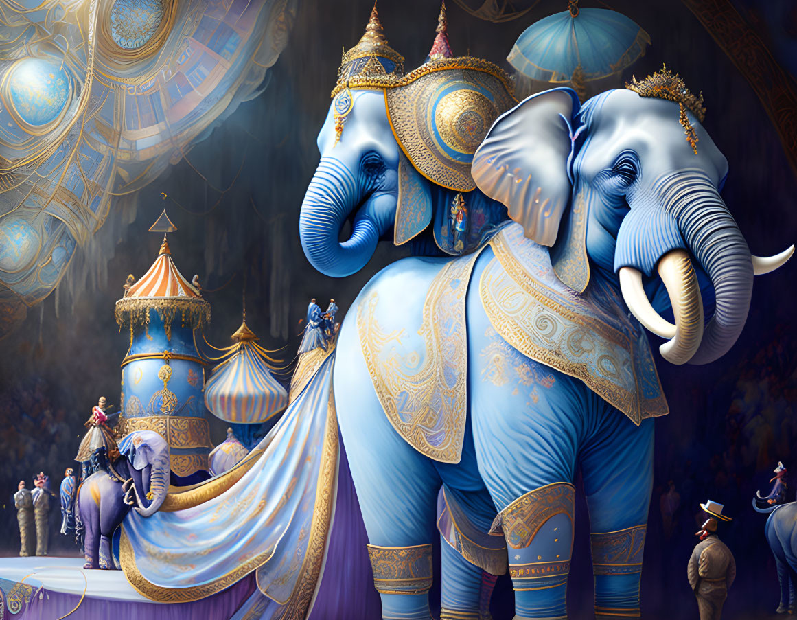 Illustration of decorated elephants in regal circus setting