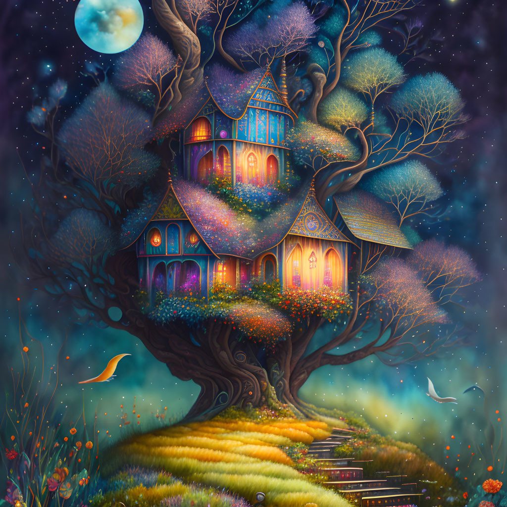 Whimsical Treehouse Illustration Under Starry Night Sky
