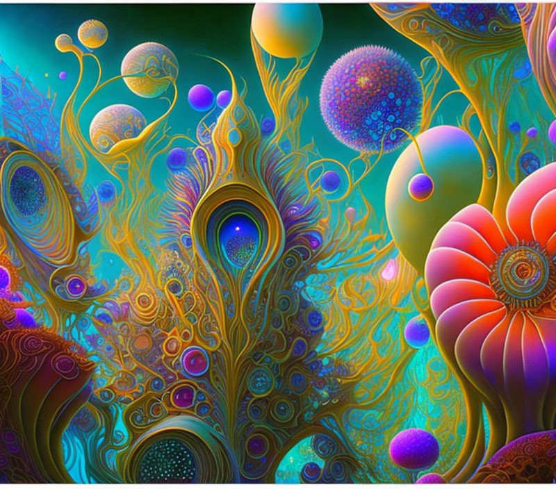 Colorful Psychedelic Digital Artwork with Patterns and Orbs