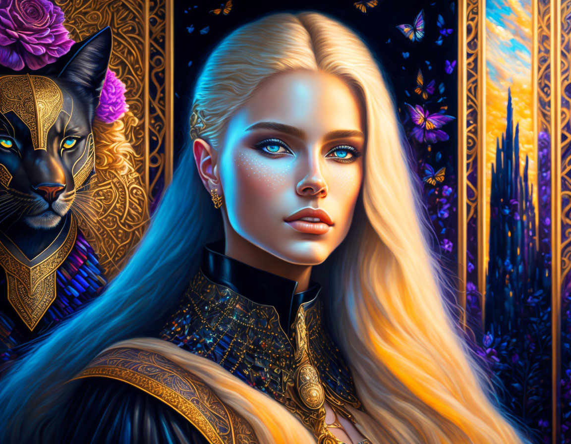 Fantasy portrait of woman with blue eyes & blonde hair, black cat, twilight cityscape