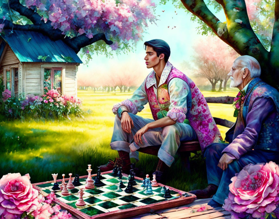 Two men playing chess surrounded by flowers, house, and trees