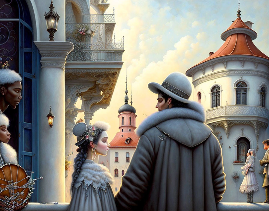 Illustration of elegantly dressed people conversing on ornate castle balcony