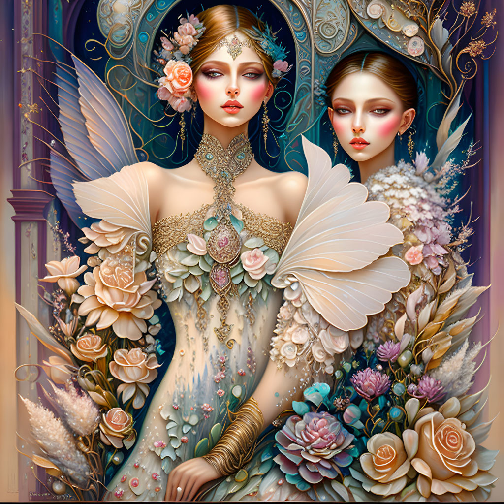 Ethereal women with blooms and butterfly wings in ornate embrace