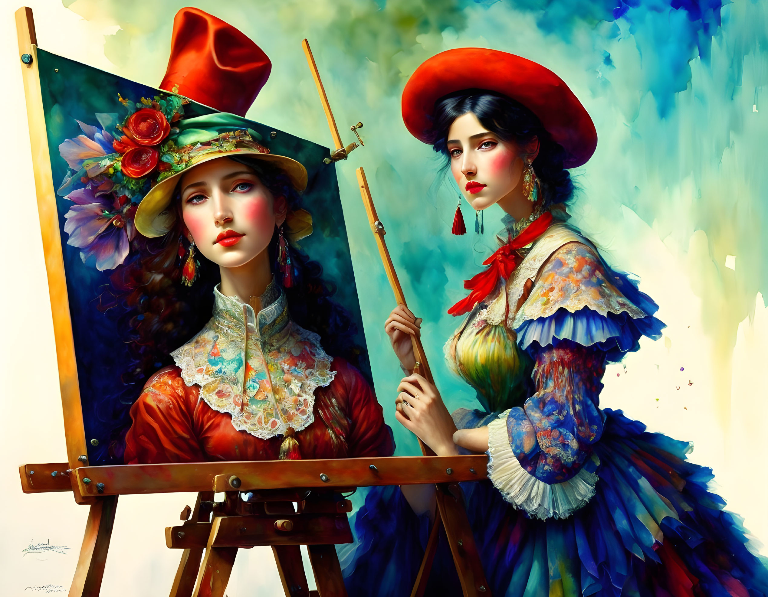 Vibrant painting of two women in vintage attire creating art