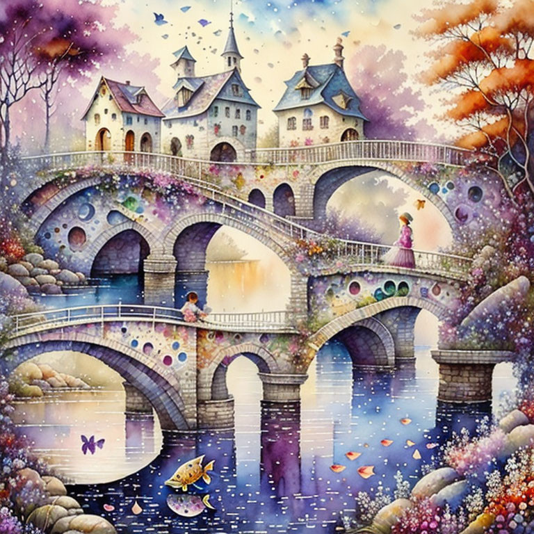 Vibrant illustration of stone bridge, castle, and nature scene