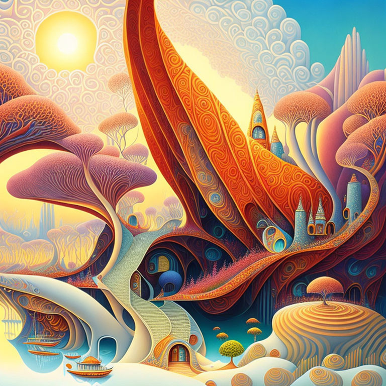Colorful fantasy landscape with swirling patterns, whimsical structures, and a small boat.
