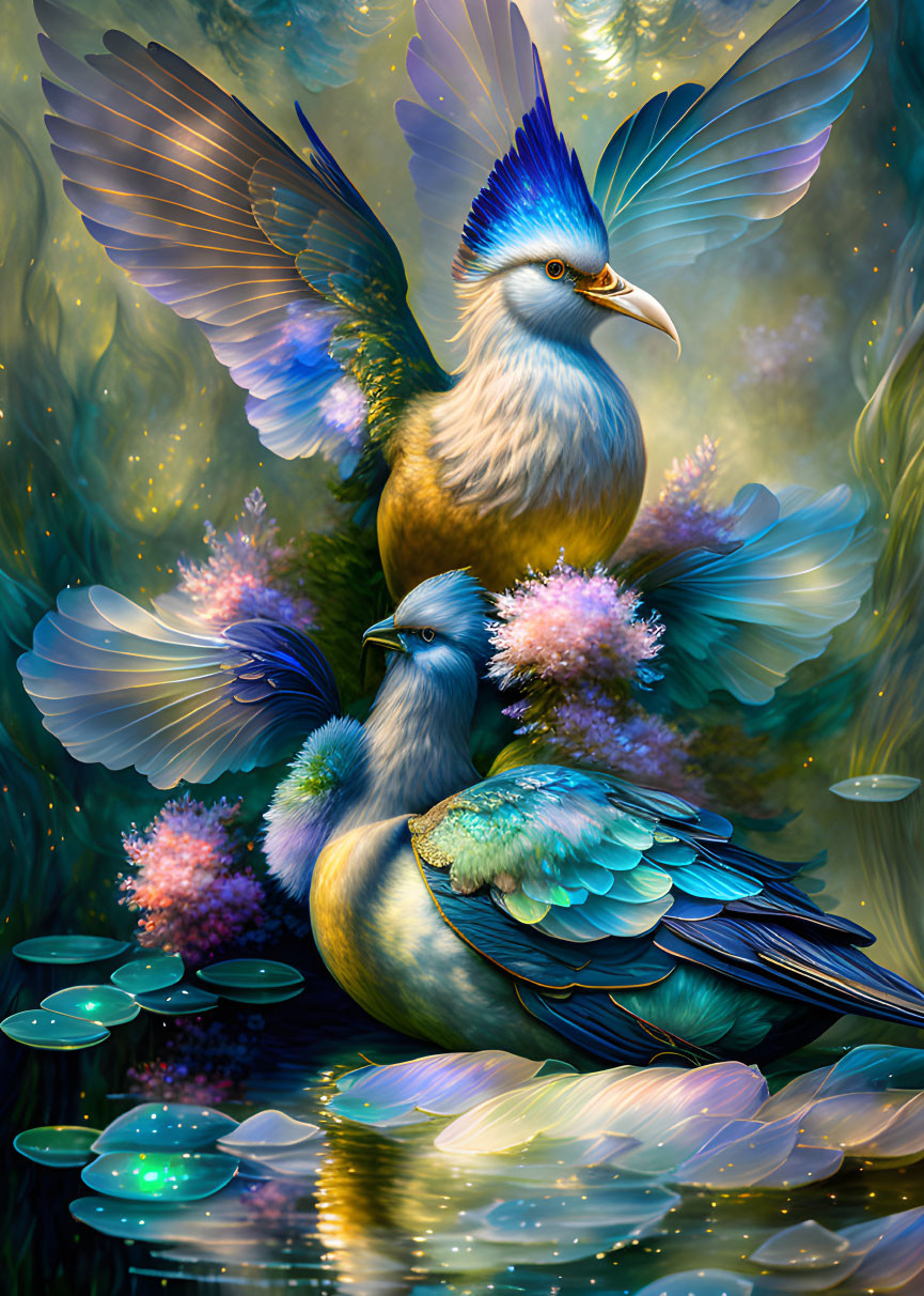 Vibrant teal and blue fantastical birds with iridescent feathers in serene setting