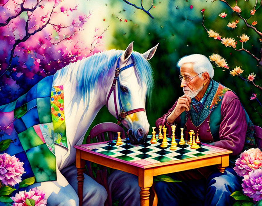 Elderly man playing chess in garden with white horse and flowers