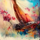 Colorful Flower-Adorned Boat in Vibrant Fantasy Seascape