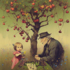 Elderly man and young girl playing chess in serene meadow surrounded by blossoming tree, roses
