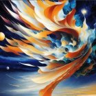 Fantasy illustration of blue-eyed creature with fiery plumage on starry backdrop