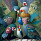 Vibrant teal and blue fantastical birds with iridescent feathers in serene setting