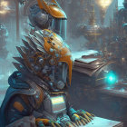 Futuristic knight in ornate armor studying among advanced machinery