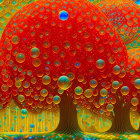 Colorful Fractal Artwork of Tree-Like Structures with Red Canopies