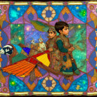 Children in traditional Indian attire with colorful parrots on vibrant quilt.